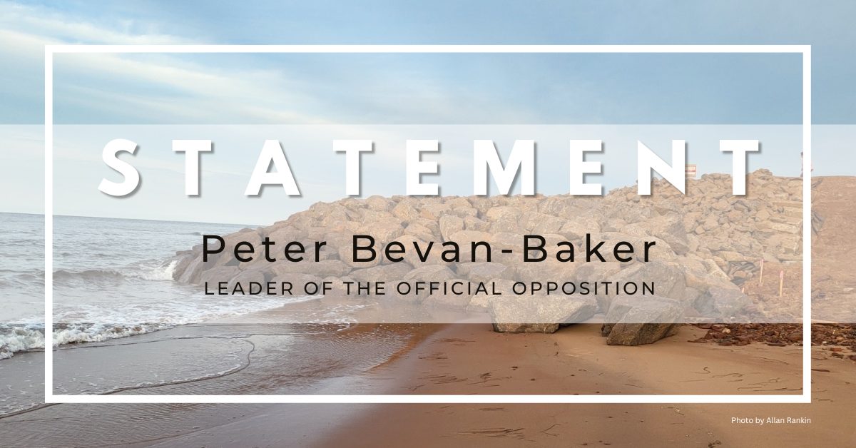 Photo of shoreline armouring at development at Point DesRoches with words "Statement by Peter Bevan-Baker, Leader of the Official Opposition"